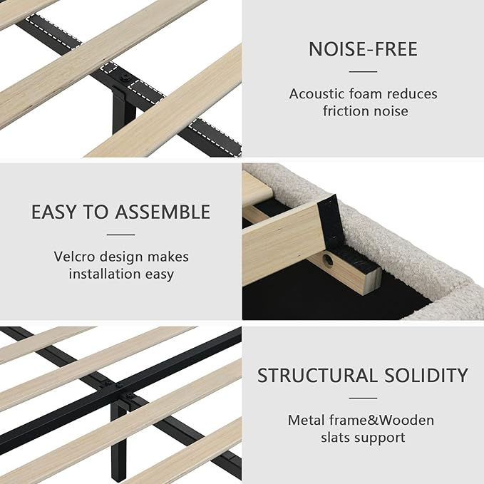 Queen Bed Frame with Headboard, Cloud Boucle Upholstered Bed Frame, Modern Soft Style, Adjustable Headboard, No Box Spring Needed, Easy Assembly, White