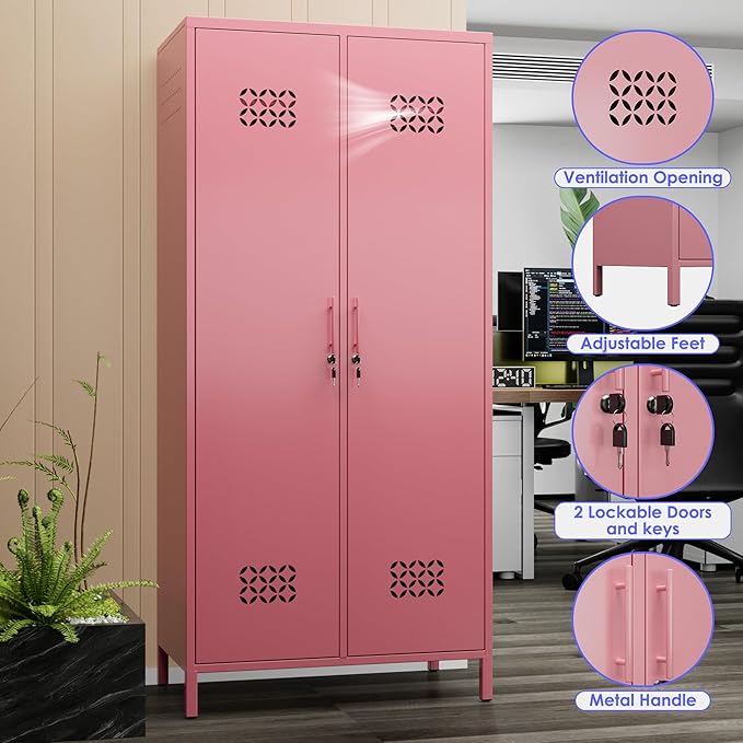 Aobabo Metal Wardrobe Cabinets with Lock, 2 Door Metal Closet with 4 Adjustable Shelves and 2 Hannging Rod, Lockable Locker Cabinet, Storage Locker for Home, Office,Pink, Assembly Required