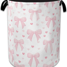 Cute Pink Bow Laundry Basket,Foldable Oxford Cloth Heart Laundry Hamper with Handles, 20.8