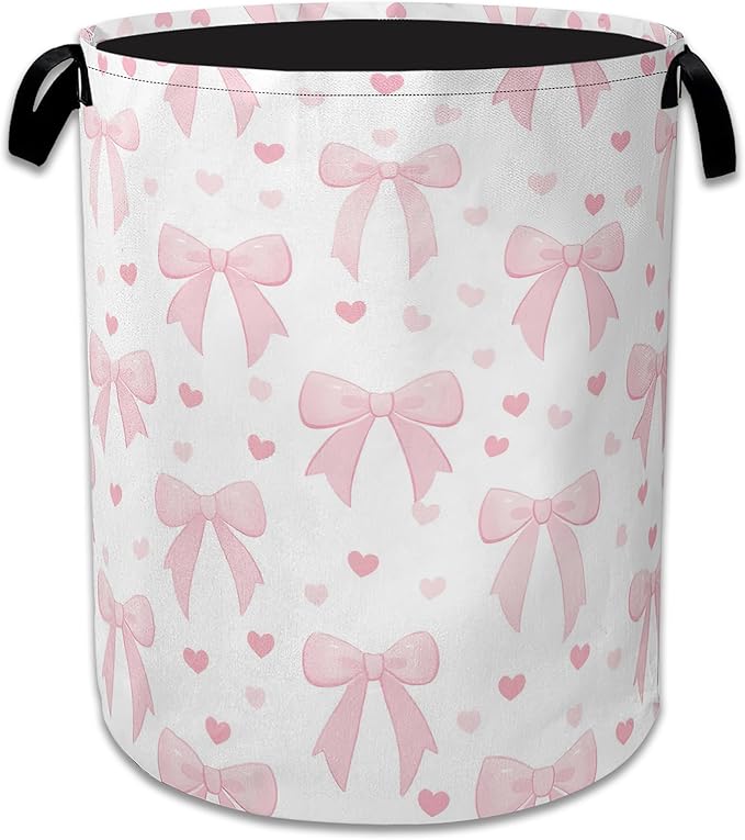Cute Pink Bow Laundry Basket,Foldable Oxford Cloth Heart Laundry Hamper with Handles, 20.8"x16" Tote Bag Clothes Storage Bucket for Laundry Room/Bathroom/Bedroom/Dormitories