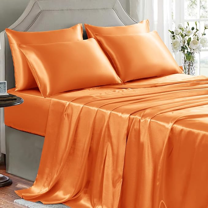 Satin Sheets Full Size - 6 Pieces Luxury Silky Soft Bed Sheets, Wrinkle-Free Burnt Orange Satin Silk Sheet Set with 1 Deep Pocket Fitted Sheet, 1 Flat Sheet, 4 Pillow Cases
