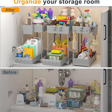 3 Pack Under Sink Organizers, 2-Tier Multi-Use Kitchen and Bathroom Organizers and Storage with Sliding Drawers，Bathroom Cabinet Organizer (Gray, 12.8 Inch)