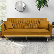 70” Velvet Futon Sofa Bed with 2 Pillows and Adjustable Armrests, Convertible Sleeper Bed W/Adjustable Backrests, Modern Loveseat for Living Room, Bedroom, Ginger
