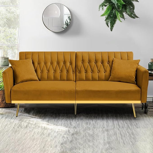 70” Velvet Futon Sofa Bed with 2 Pillows and Adjustable Armrests, Convertible Sleeper Bed W/Adjustable Backrests, Modern Loveseat for Living Room, Bedroom, Ginger