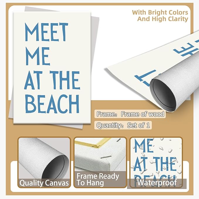 Trendy Meet Me At The Beach Posters Blue Coastal Cowgirl Wall Art Funky Summer Room Decor Vintage Beachy Canvas Prints Ocean Theme Aesthetic for Bathroom Dorm Apartment Bedroom 12x16in Framed