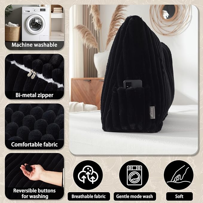 Headboard Pillow + A Long Neck Roll Pillow Body Pillow，Faux Fur Headboard Wedge Pillow with Removable Cover (Black, King：76x8x20 inches)