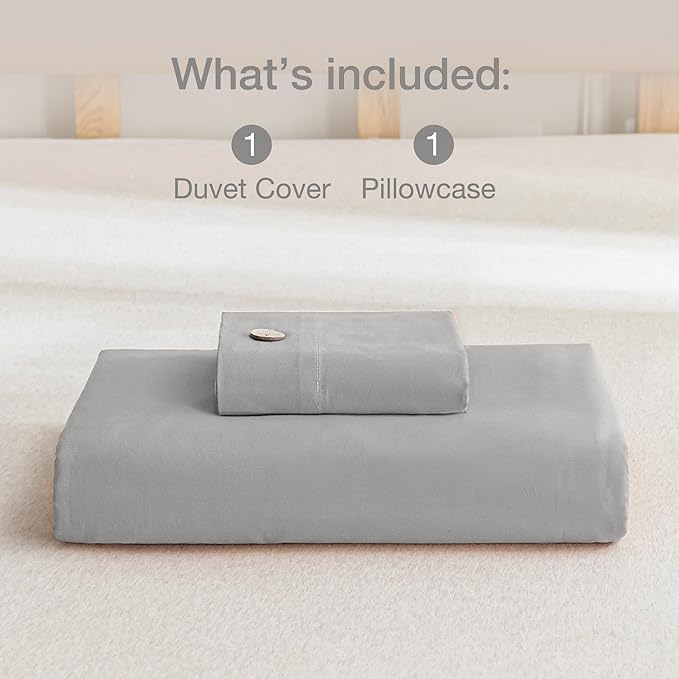 JELLYMONI Cotton Duvet Cover Twin Size - Light Gray Comforter Cover with Button 100% Washed Cotton 2PCS Breathable Soft Solid Bedding Set Duvet Cover 68×90in & 1 Pillowcase (NO Comforter)