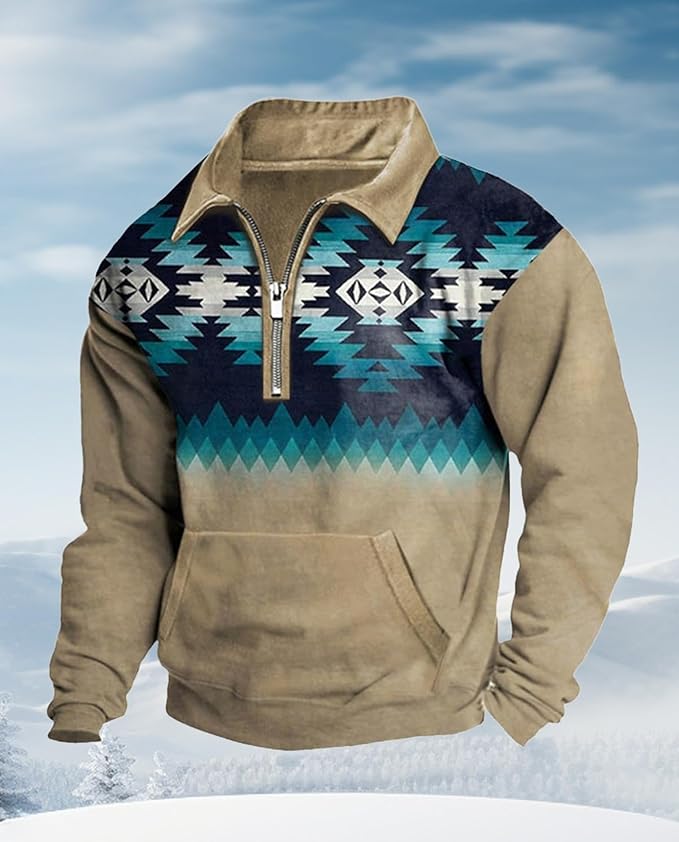 Western Sweatshirts for Men Aztec Cowboy Vintage Graphic Fleece Hoodie Mens Quarter Zip Pullover Country Jacket