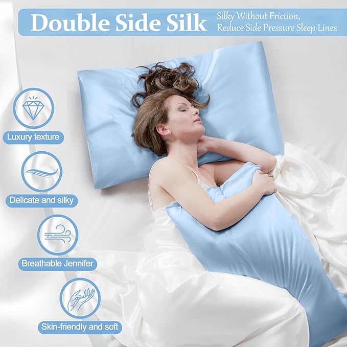 2 Pack 100% Pure Silk Pillowcase for Hair and Skin, Both Sides Mulberry Silk Pillowcases with Hidden Zipper, Cooling Pillowcase 19 Momme, 600 Thread Silk Pillow Cases Queen Size, Light Blue