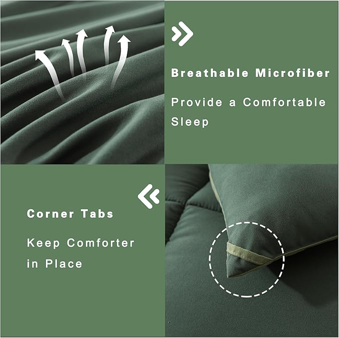 DOWNCOOL Queen Comforter Set -All Season Bedding Comforters Sets with 2 Pillow Cases-3 Pieces Bedding Sets Queen -Down Alternative Double Green Queen Size Comforter Sets(88"x92")