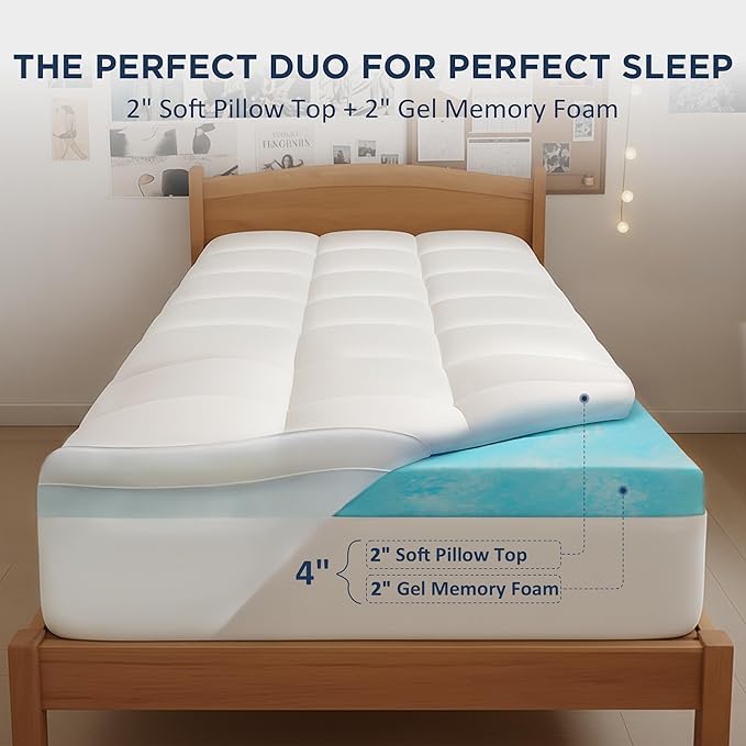 Dual Layer 4 Inch Memory Foam Twin XL Mattress Topper for College Dorm, 2 Inch Cooling Gel Memory Foam and 2 Inch Down Alternative Pillow Top Mattress Pad Cover 8-24 Inch Deep Pocket