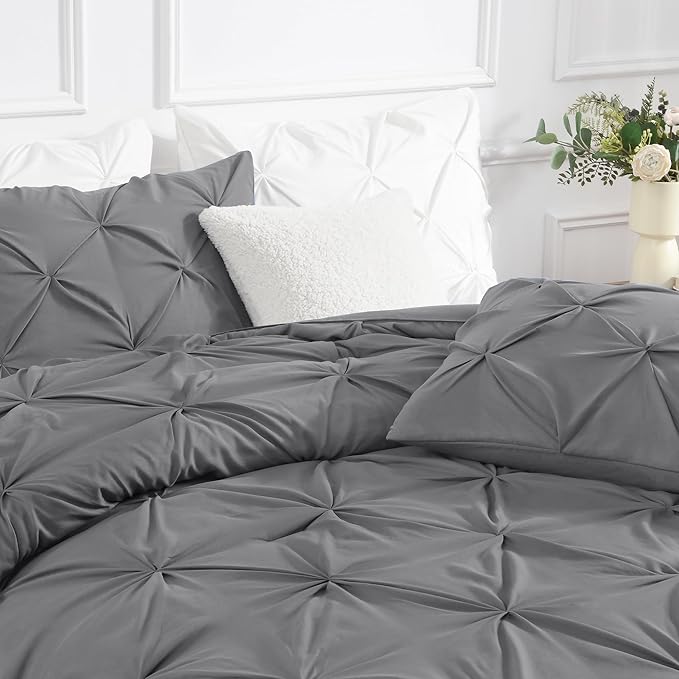 Andency Medium Gray Pinch Pleat Comforter Full(79x90Inch), 3 Pieces(1 Down Alternative Comforter and 2 Pillowcases) Grey Bed Set Microfiber Pintuck Bedding Set