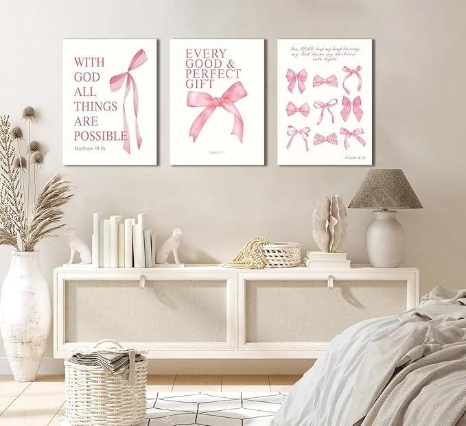 3 Pcs Coquette Pink Bow Canvas Wall Art Inspirational Bible Verses Bow Posters Wall Decor Pink Bow Room Pictures Prints Aesthetic for Girls Room Living Room Bedroom Bathroom Dorm 12x16 Inch Framed