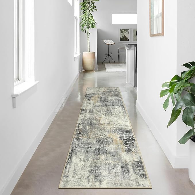 Lahome Modern Abstract Runner Rug - 2x8 Grey Hallway Long Bathroom Rugs with Rubber Backing, Kitchen Carpet Non Skid Indoor Floor Runners for Entryway Laundry Living Bedroom 2' x 8'