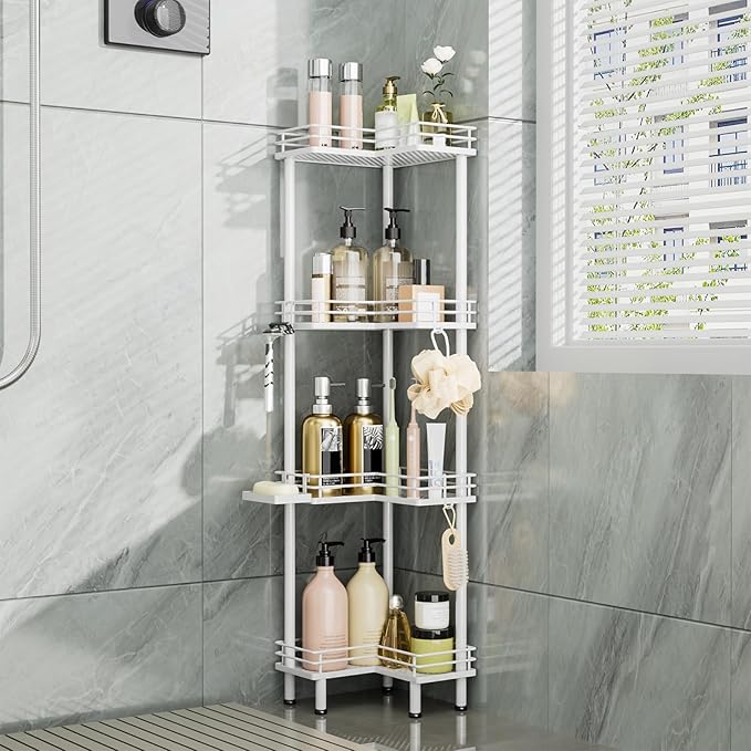 Consumest Corner Shower Caddy Standing - 4-Tier Stainless Steel Shower Organizer with Soap Holder and 4 Hooks, Large Capacity Corner Shelf Stand for Bathroom, Rest Room, White