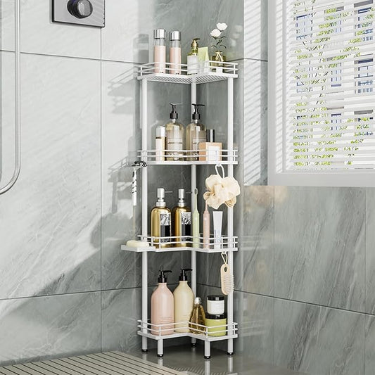 Consumest Corner Shower Caddy Standing - 4-Tier Stainless Steel Shower Organizer with Soap Holder and 4 Hooks, Large Capacity Corner Shelf Stand for Bathroom, Rest Room, White
