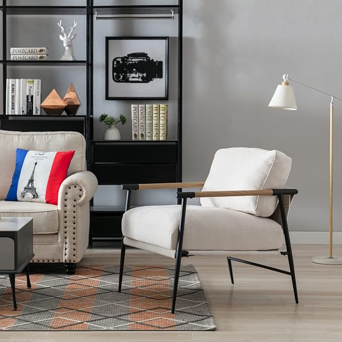 Mid-Century Accent Chair, Soft Armchair Chenille Fabric Lounge Chair with Black Metal Legs, Upholstered Leisure Chair for Living Room Bedroom Reception Room, 1PC, Beige