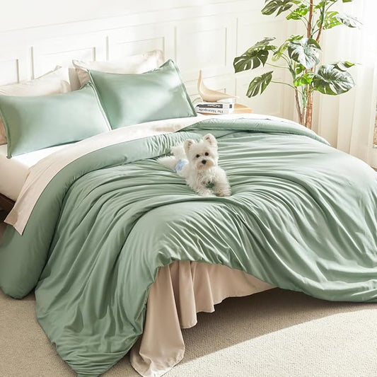 Litanika Comforter Set, Lightweight Solid Bedding Comforter Set, Fluffy Down Alternative Bed Set, Sage Green, Super King