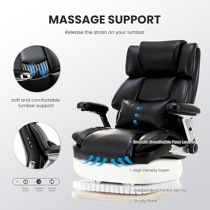 750lbs Heavy Duty Desk Chair with 3D Kneading Massage, Big and Tall Office Chairs with Ergonomic Support, 4D Armrests, 5 Quiet Dual Rubber Wheel, Thick Pocket Spring Cushion(Black, PU)