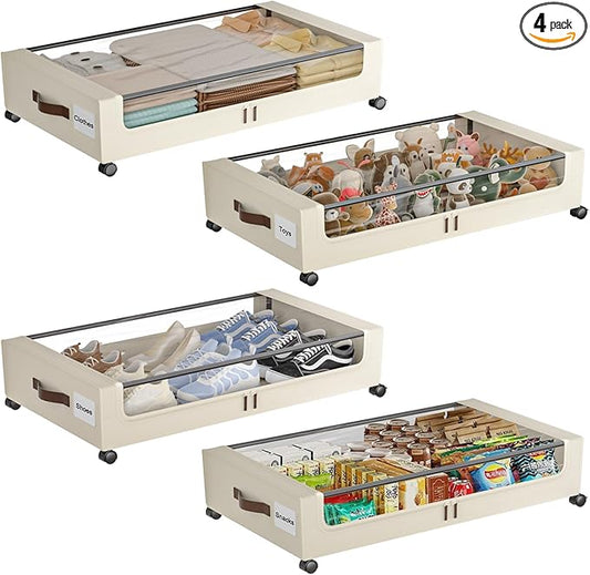 Under Bed Storage with Wheels, 4 Pack Under Bed Storage Containers with Clear Lids, XXL 60L Under-Bed Organizers for Clothes, Shoes – Durable Storage Bins with Smooth Rolling Wheels (White, 4 Pack)