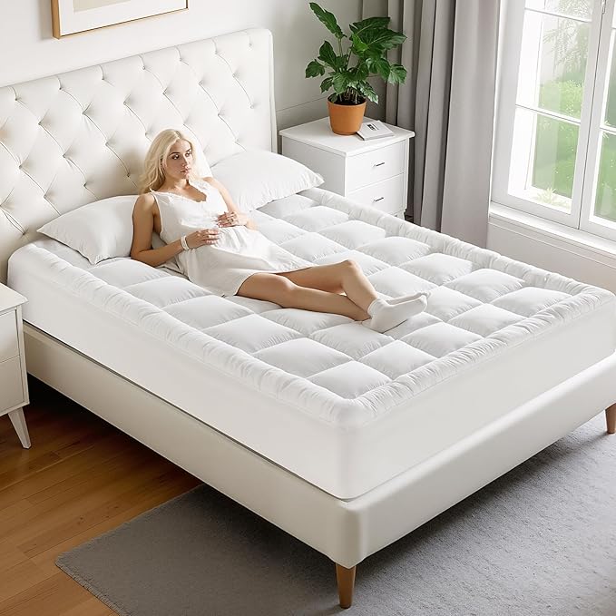 MATBEBY Full XL Mattress Pad - Cooling Breathable Mattress Topper, Quilted Fitted Mattress Protector, Pillow Top Mattress Cover with 8-21" Deep Pocket, Soft, Machine Washable, White, Full Extra Long