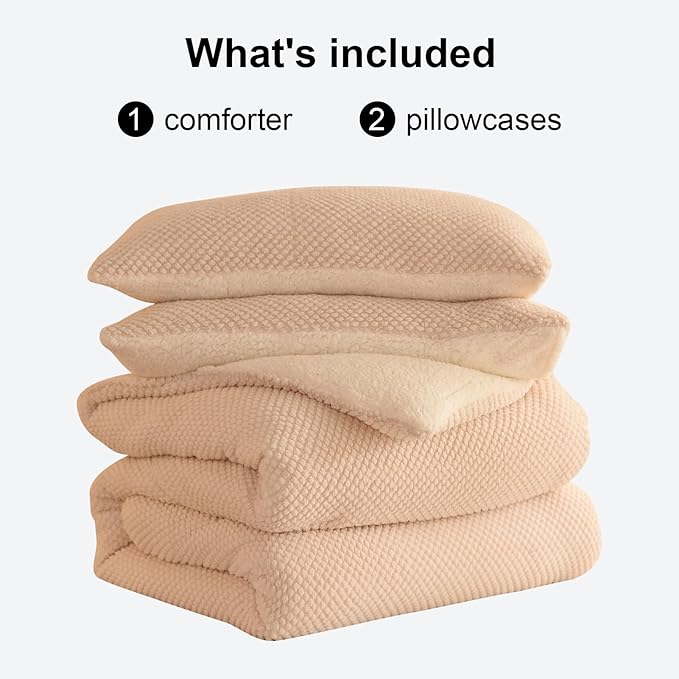 3D Jacquard Design Comforter Set, Ultra-Soft Warm King Size Sherpa Fur Plush 3-Pieces Sets Luxury Cozy Bedding with 2 Pillowcases (104"x90", Cream White)