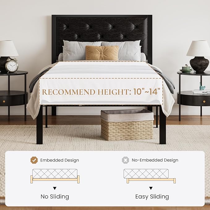 SHA CERLIN Twin Size Metal Platform Bed Frame, PU Leather Upholstered Button Tufted Headboard, Mattress Foundation with 12.4” Under-Bed Storage, Noise-Free, Easy Assembly, No Box Spring Needed, Black