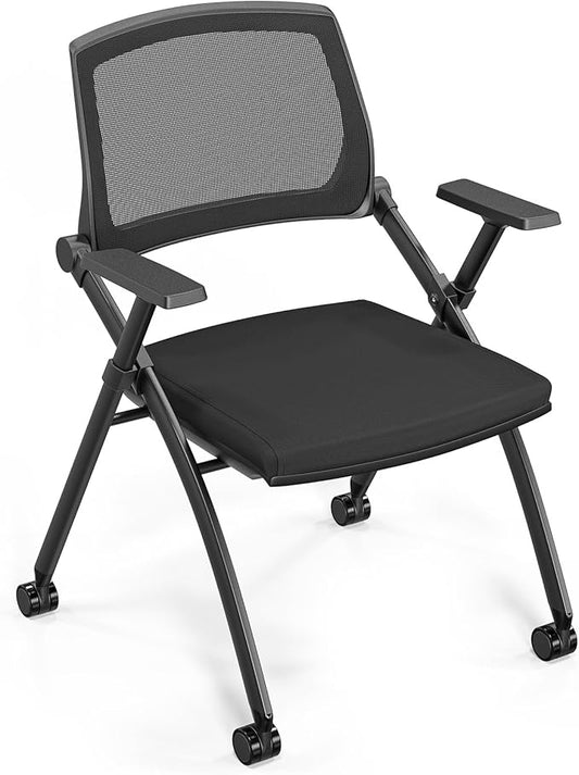 VINGLI 1 Pack Stackable Conference Room Chairs with Wheels, Folding Office Chair with Rebound Back, Padded Seat for Training Room, Guest, Reception, Event, Capacity 350lbs, Black