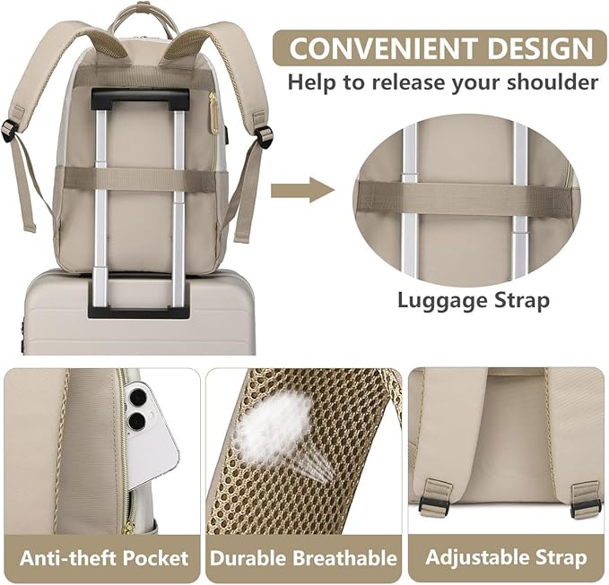 laptop backpack for Women - 15.6 inch Work Bags Travel Backpack with USB Charger College Bookbag Waterproof Business Computer Backpack Anti-theft Casual Backpacks for Nurse Teacher khaki