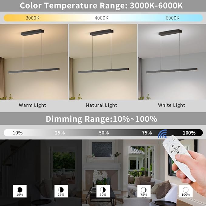 Modern Island Lights, 57in LED Pendant Light Dimmable with Remote Control 3000k-6000K Adjustable Color Temperature, Aluminum Chandelier Lamp Fixture for Kitchen, Dining Room, Billiard Room