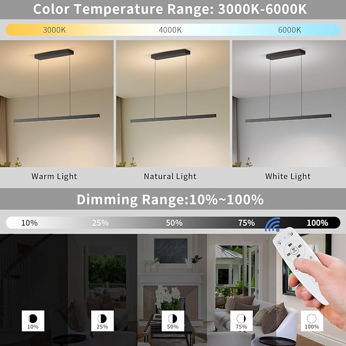 Modern Island Lights, 70.8in LED Pendant Light Dimmable with Remote Control 3000k-6000K Adjustable Color Temperature, Aluminum Chandelier Lamp Fixture for Kitchen, Dining Room, Billiard Room