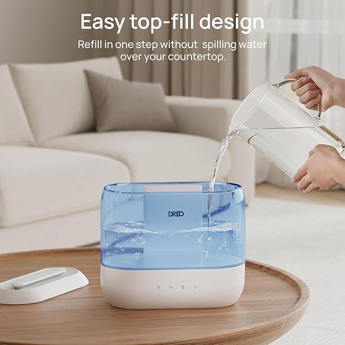 Dreo Humidifiers for Bedroom, 4L Top Fill for Large Room, 36H Runtime, 28 dB Quiet Supersized Cool Mist Air Humidifier for Baby Nursery, Plants, Indoor, Night Light, Easy to Clean & Fill, Blue