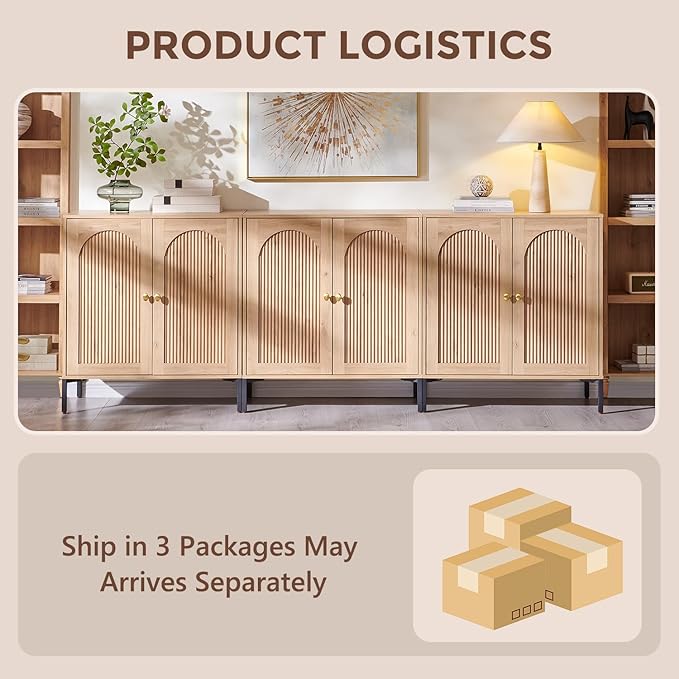Bathroom Cabinet with Storage, 92.63" W Fluted Arched Free Standing Floor Cabinet w/Adjustable Shelves, Modern Sideboard Cabinet for Bathroom, Kitchen, Living Room, Entryway, Natural