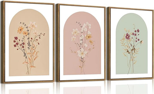 KISSFOX 3 Piece Framed Wall Art Botanical Wall Decor Floral Pictures Wildflower Canvas Art Pink Green Yellow Paintings Minimalist Boho Artwork For Girly Room Bedroom Apartment Living Room