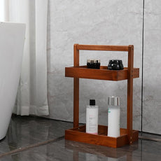 Utoplike Teak Wood Shower Caddy Corner, 2 Tier Bathroom Organizer Countertop, Standing Shower Rack with Handle, Stand Up Shower Basket for Shampoo, Shelf Rack for Inside Shower, Kitchen Desktop