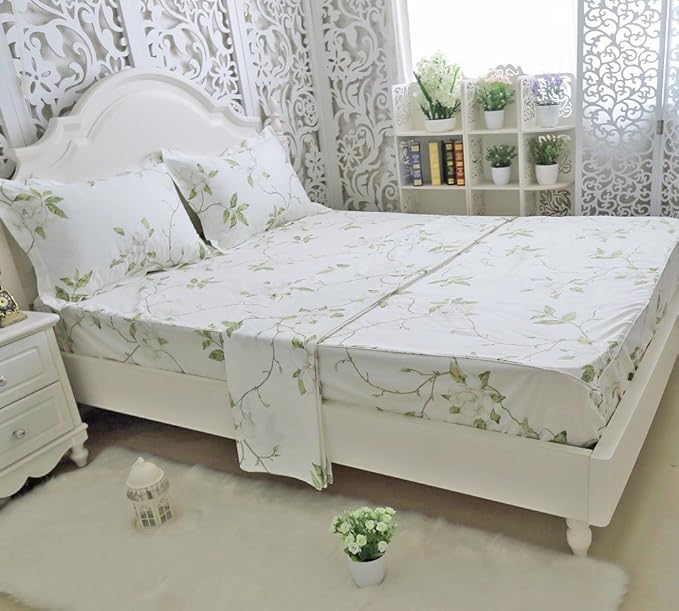 FADFAY White Floral Print Bed Sheet Sets 4-Piece Full
