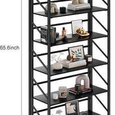 JSB No Assembly Folding Bookshelf, 6 Tier Industrial Metal Book Shelf for Storage, Vintage Wood Foldable Bookcase for Living Room, Bedroom, Office Organization Shelves