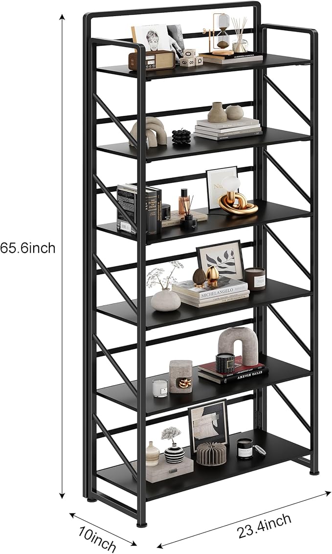 JSB No Assembly Folding Bookshelf, 6 Tier Industrial Metal Book Shelf for Storage, Vintage Wood Foldable Bookcase for Living Room, Bedroom, Office Organization Shelves