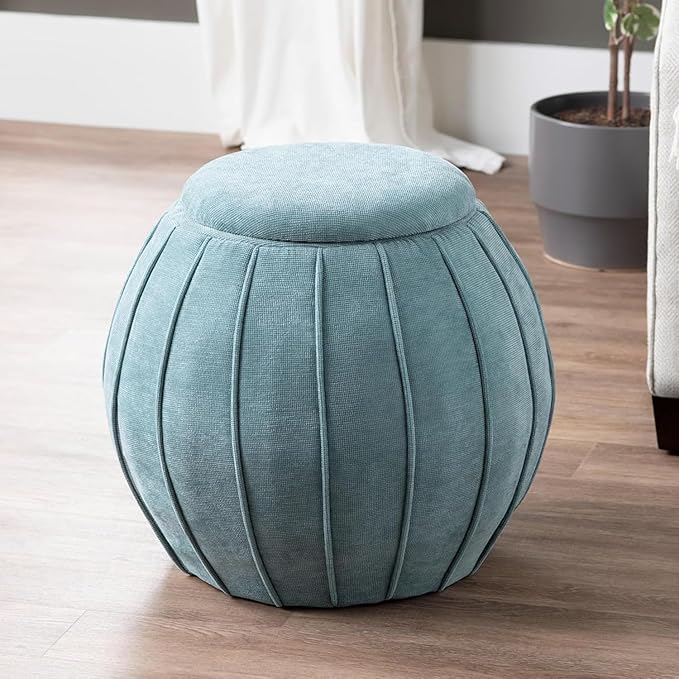 Crestview Collection 18" Foot Stool Ottoman, Round Storage Ottoman Removable Seat, Fabric Round Foot Rest, Vanity Stool, Extra Seating for Living Room, Bedroom, Entryway (Blue)