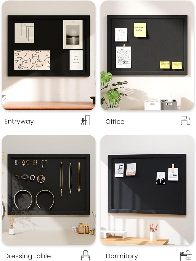 Foldable Cork Board Alternative, Felt Bulletin Board 24" x 18" Black Frame with 16 Adhesive Tabs, Pin Board for Home Office, Classroom, Entryway, Kitchen Wall Decor—Black