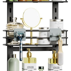 Orimade 4 Tier Adjustable Anti-slip Shower Caddy over Shower Head,Rustproof Bathroom Hanging shower Organizer with 4 Hooks for Razor,No Drilling Shower shelves Storage Rack,Grey