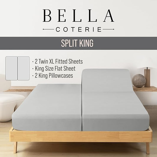 Bella Coterie Luxury Bamboo Viscose Split King Size Sheet Set | 2 Fitted Sheets for Sleep Number & Adjustable Beds | 100% Organically Grown | Cooling & Ultra Soft | 18” Deep Pocket [Grey Mist]