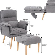 Modern Adjustable Accent Chair with Ottoman, Soft Fabric Reading Chair with Adjustable Backrest and Pillow, Comfy Lounge Chair with Armrests for Living Room, Bedroom, Apartment, Office, Dorm,Grey