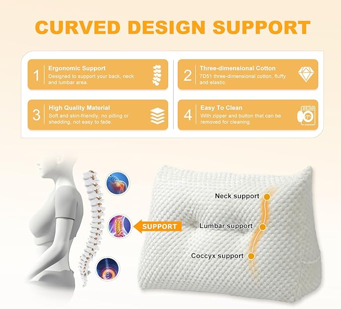 Large Triangular Headboard Wedge Pillow Soft and Supportive Headboard Backrest Positioning Support Bolster Cushion, Bed Wedge Pillow with Removable Cover(White,Dorm,24x8x20inch)
