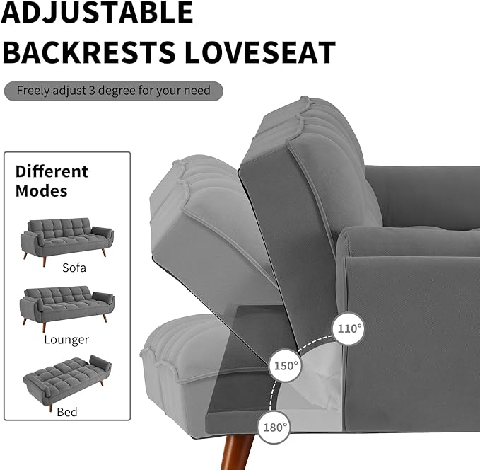 Convertible Futon Sofa Bed, Linen Sleeper Couch, 75" W Modern 3 Seater Tufted Sofa with Solid Wood Legs and Adjustable Backrests for Small Spaces, Living Room, Bedroom, Dark Gray