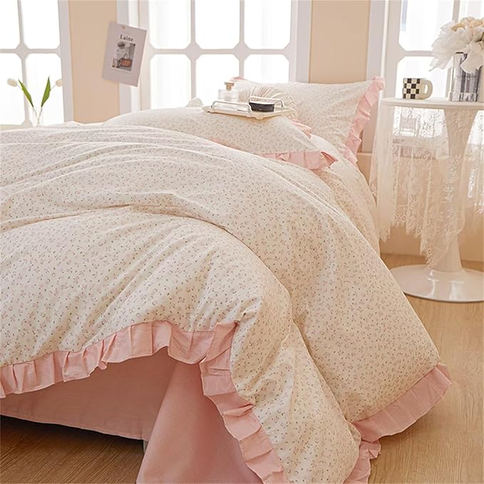 MKXI Twin XL Small Floral Ruffle Comforter Set - 3 Piece Countryside Floral Comforter with Pillow Shams, Reversible White Pink Princess Bedroom Collection, Soft Aesthetic Bedding Set for Teen Girls