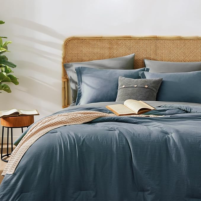 WRENSONGE King Size Comforter Set- 7 Pieces Blue Grey Bed in a Bag King with Fitted Sheet, Flat Sheet, 2 Pillow Shams, and 2 Pillowcases-Warm King Bedding Set for All Season