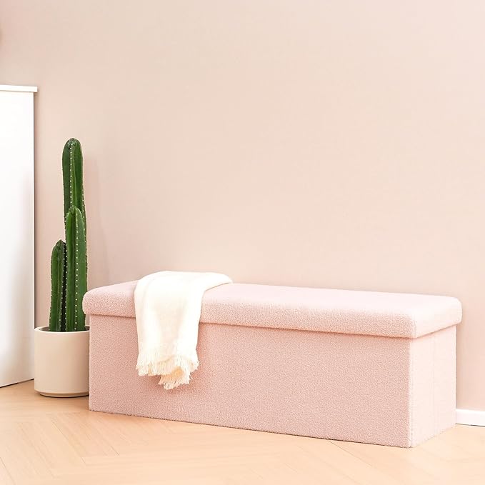 PINPLUS Storage Ottoman Bench Sherpa Foot Rest, Foldable Boucle Ottomans, Large Faux Teddy Fur Ottoman Storage Box Entryway Bench for Dorm, Pink, 43.3'' x 15'' x 15''