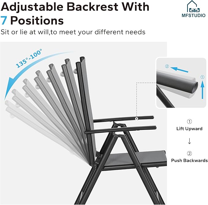 MFSTUDIO Patio Folding Chairs Set of 4, Outdoor Patio Dining Chairs, Portable Grey Sling Patio Chairs, 7 Levels Adjustable Sling Back Chairs for Backyard Lawn Garden