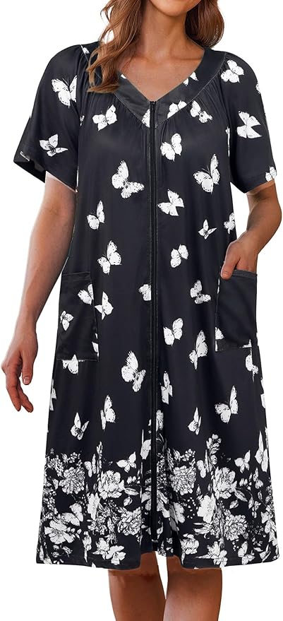 Ekouaer Women Robe Zipper Front Mumu Duster Robes Zip Up Housecoat Soft Sleepwear with Pockets